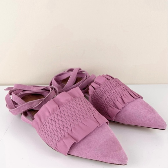 TORY BURCH PINK SUEDE ANKLE WRAP MULES - Picture 2 of 12